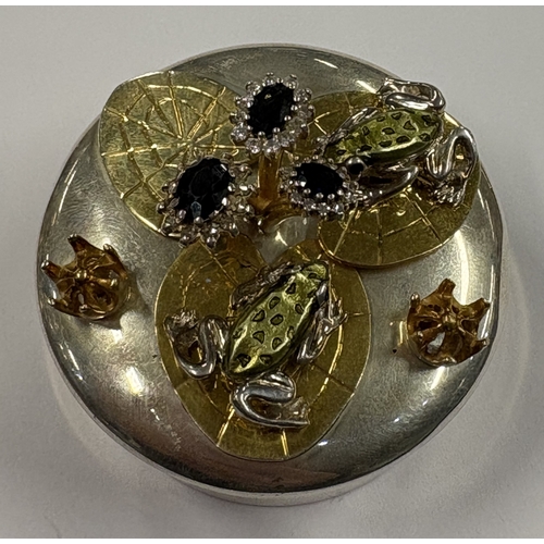 146 - A rare silver and silver gilt snuff box cast with frogs on lily pads and jewelled flowers. Birmingha... 