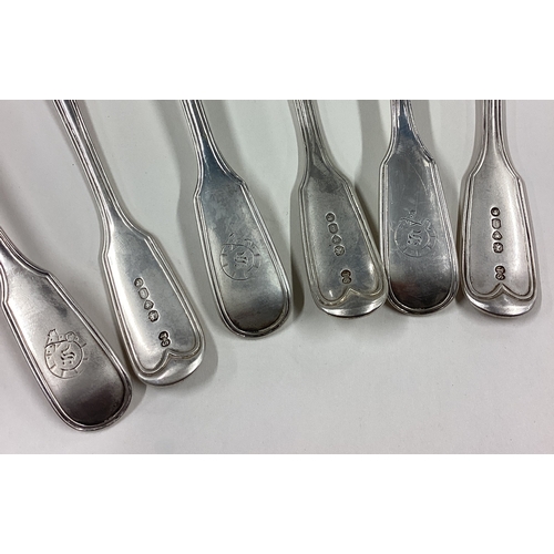 307 - A group of six silver fiddle and thread pattern spoons. London. Approx. 235 grams. Est. £100 - £150.