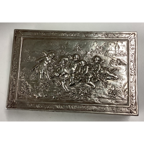 404 - An embossed Continental silver cigar box with hinged cover chased with figures. Marked to base. Appr... 