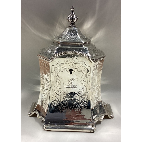 504 - A Victorian silver tea caddy in the Gothic style. London 1845. By Joseph Angel. Approx. 481 grams. E... 