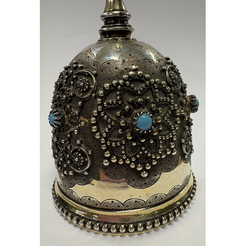 654 - An Antique French silver gilt table bell decorated with blue stones. Approx. 183 grams. Est. £500 - ... 