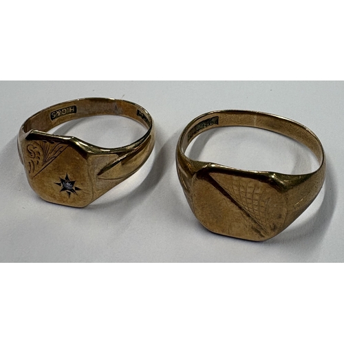 705 - Two 9 carat signet rings. Approx. ring sizes R and U. Approx. 10 grams. Est. £100 - £150.