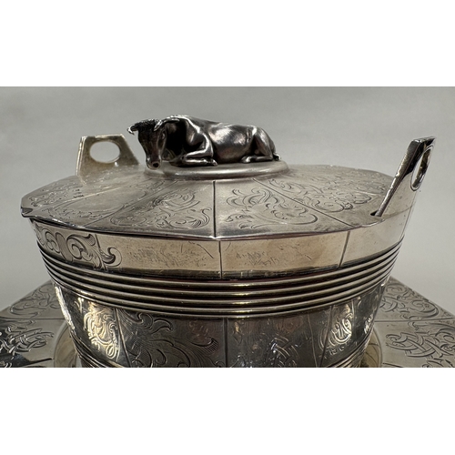 88 - A large novelty Victorian silver butter dish on stand cast with cow finial. London 1847. By Joseph A... 