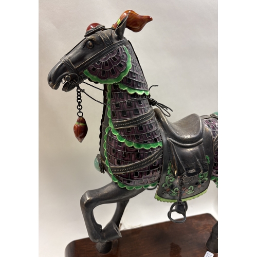 92 - A large Chinese export silver and enamelled figure of a horse on stand. Est. £1000 - £1500.