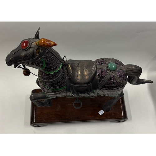 92 - A large Chinese export silver and enamelled figure of a horse on stand. Est. £1000 - £1500.