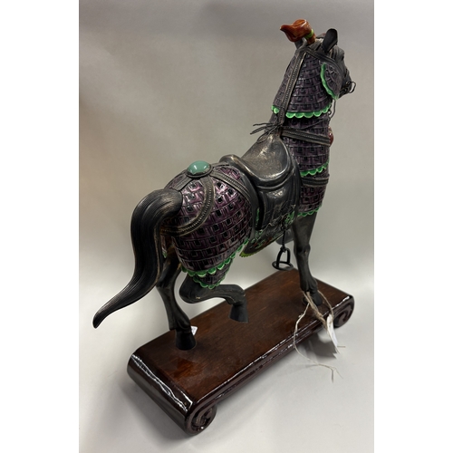 92 - A large Chinese export silver and enamelled figure of a horse on stand. Est. £1000 - £1500.