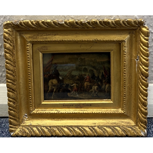 107 - FLEMISH SCHOOL: ROBERT VAN DEN HOECKE: (Flemish, 1622 - 1668): A gilt framed and glazed oil on coppe... 