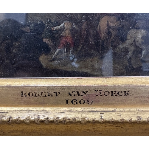 107 - FLEMISH SCHOOL: ROBERT VAN DEN HOECKE: (Flemish, 1622 - 1668): A gilt framed and glazed oil on coppe... 