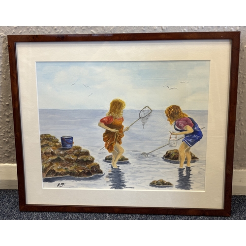 113 - J MICKLETHWAITE: A framed and glazed acrylic entitled 'Tiddler Fishing' depicting children with nets... 
