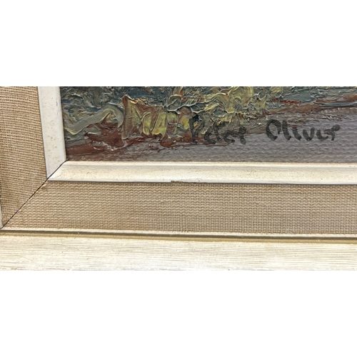 116 - PETER OLIVER: A framed oil on board entitled 'Showery Day Near Luppitt' depicting a typical Devonshi... 