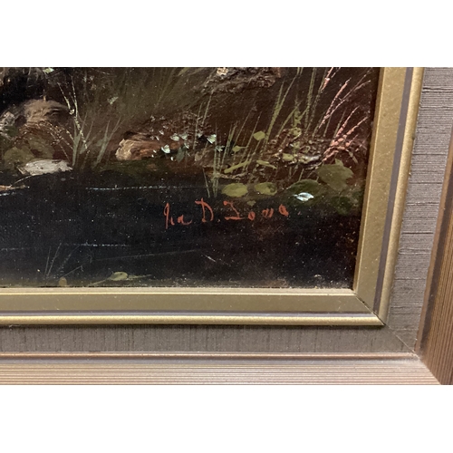 121 - LOWE?: A framed oil on canvas depicting figures walking on a country path. Signed to bottom right. L... 