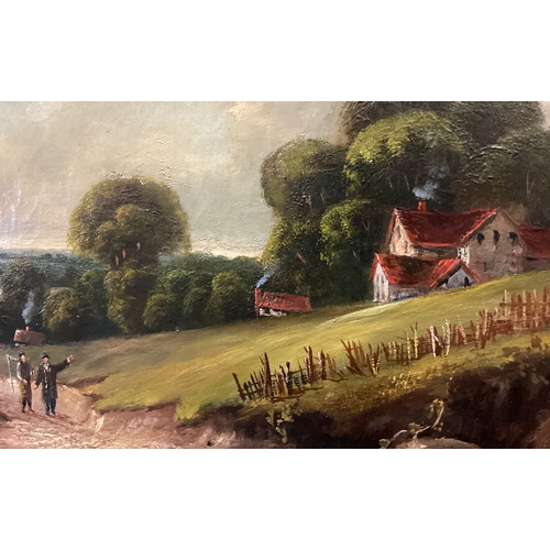 121 - LOWE?: A framed oil on canvas depicting figures walking on a country path. Signed to bottom right. L... 