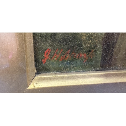 125 - J H SHARP: (British, 19th Century): A gilt framed and glazed oil on board depicting children with bi... 