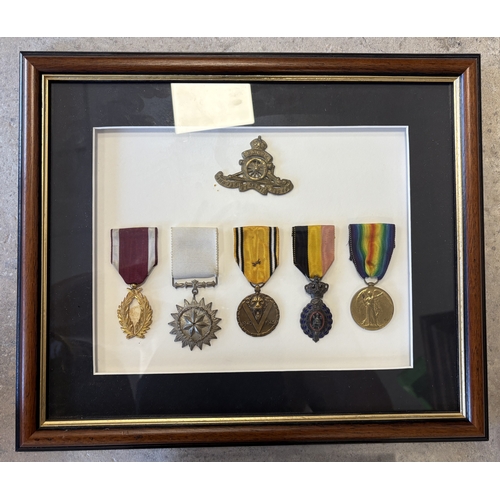 183 - Two framed sets of WW1 and WW2 medals including Royal Artillery, Victory medal, Belgian Order of the... 
