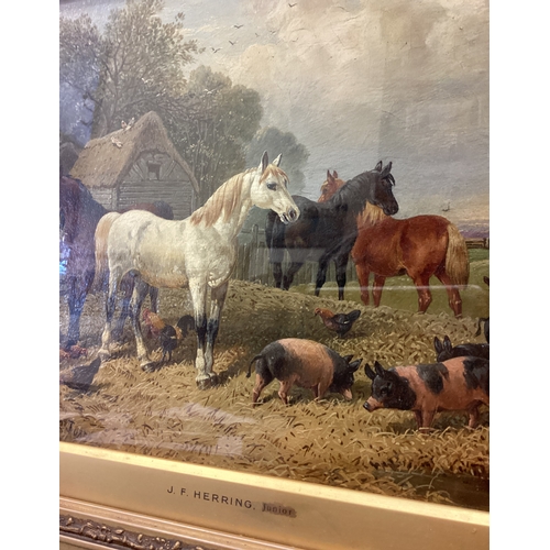 36 - JOHN FREDERICK HERRING JUNIOR (British, 1815 -1907): A gilt framed and glazed oil on canvas depictin... 