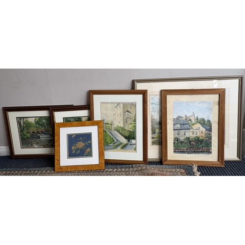 61 - A selection of five gilt framed and glazed watercolours together with a framed and glazed silk. Vari... 