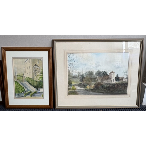 61 - A selection of five gilt framed and glazed watercolours together with a framed and glazed silk. Vari... 