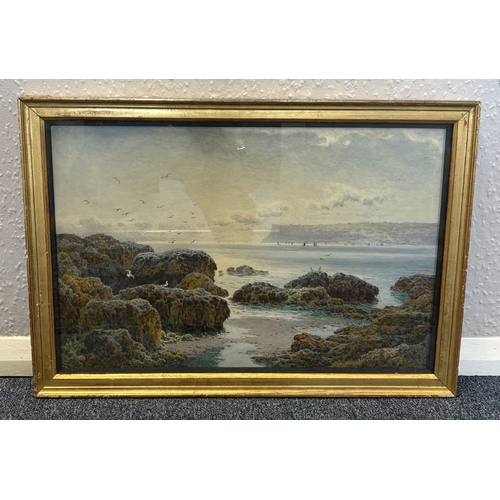 72 - ARTHUR SUKER: (British, 1857 - 1902): A gilt framed and glazed watercolour depicting seagulls flying... 