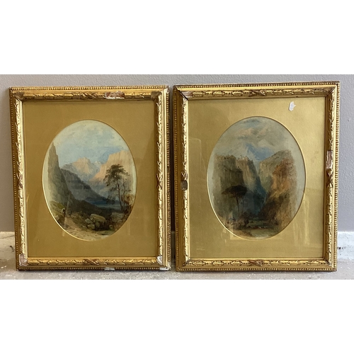 74 - ENGLISH SCHOOL: A pair of framed and glazed oil on boards in oval mounts depicting a pair of Highlan... 