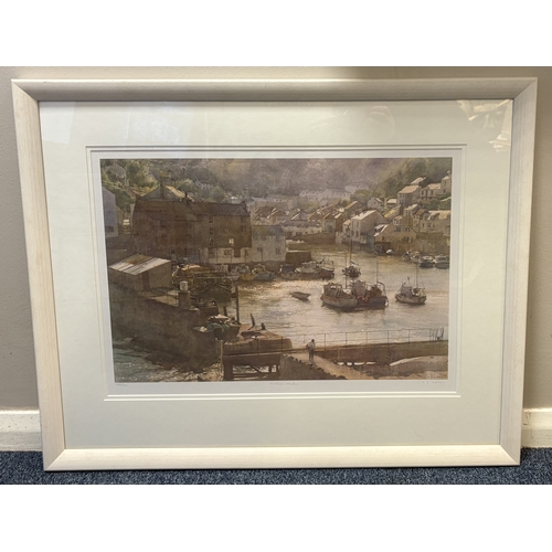 87 - D J CURTIS: A framed and glazed limited edition print entitled 'Polperro Harbour'. Number 265 / 600.... 