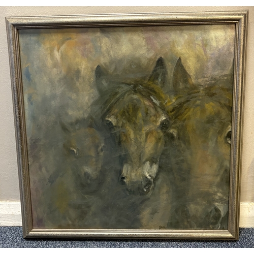92 - A framed acrylic on canvas depicting ponies. Apparently unsigned. Approx. 48.5 cm x 48.5 cm (ss). Es... 