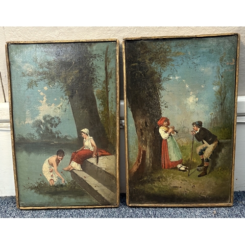 94 - A framed pair of oils on canvas; one depicting young girls picking flowers from a lake; the other de... 