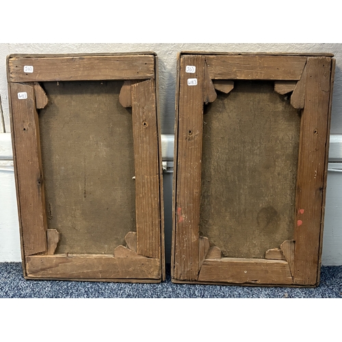 94 - A framed pair of oils on canvas; one depicting young girls picking flowers from a lake; the other de... 