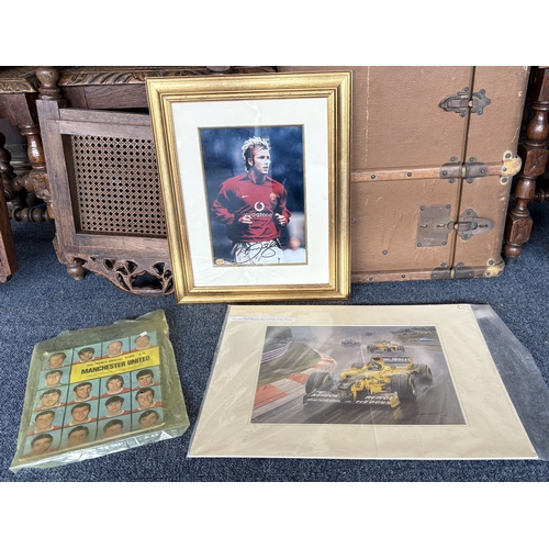 95 - A gilt framed and glazed print depicting David Beckham. Signed to bottom middle and bearing Sportizu... 