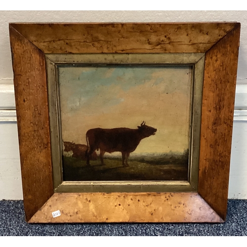 63 - A maple framed primitive oil on panel depicting horned bulls. Approx. 20 cm x 19 cm (ss). PROVENANCE... 