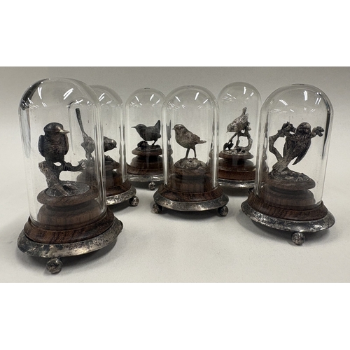 188 - A set of six silver figures of birds with original glass covers. London 1983. Approx. 274 grams of g... 