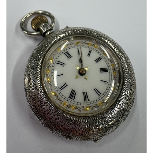 450 - A silver-mounted fob watch with white enamelled dial. Approx. 35 grams. Est. £20 - £30.