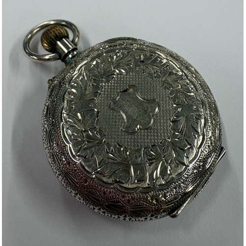 450 - A silver-mounted fob watch with white enamelled dial. Approx. 35 grams. Est. £20 - £30.