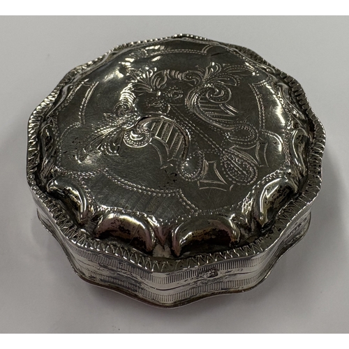 453 - An engraved silver box with hinged cover. Lion mark only. Approx. 25 grams. Est. £30 - £40.