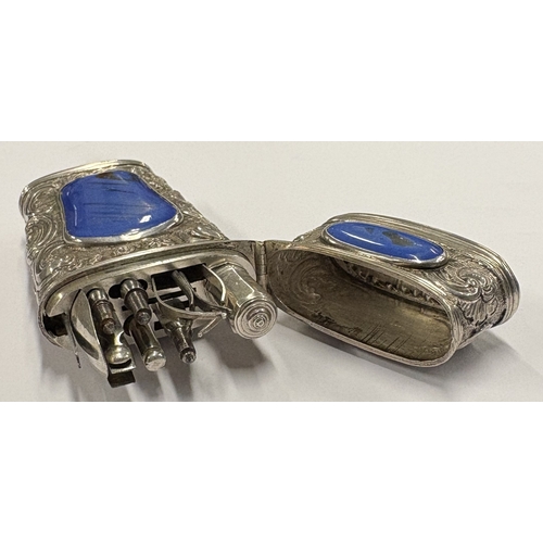 463 - A rare 18th Century silver etui with blue stone decoration complete with contents. Circa 1770. Appro... 