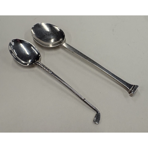 476 - A silver nail top spoon. Sheffield. By Roberts & Dore Ltd. Together with a silver spoon with golf cl... 