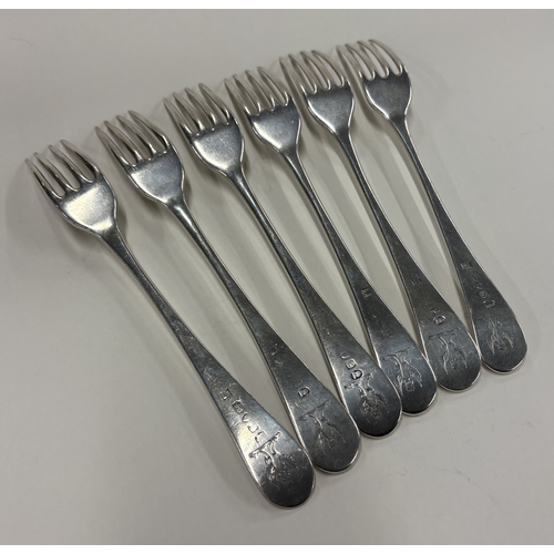 683 - A set of six silver table forks with crested decoration. London 1790. By Peter & Jonathan Bateman. A... 