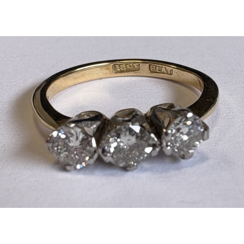 713 - A good three-stone diamond ring in 18 carat gold and platinum claw mount. Approx. 3 grams. Est. £150... 