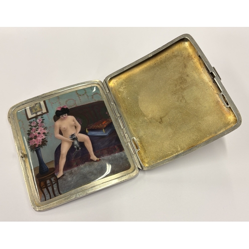 551 - An Antique Continental silver and enamelled cigarette case depicting erotic scene to interior. Appro... 