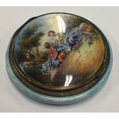 566 - A Continental silver and enamelled compact depicting romantic scene to cover. Approx. 50 grams. Est.... 