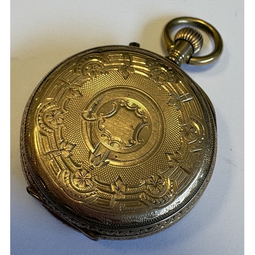 736 - A 14 carat gold fob watch with white enamelled dial. Approx. 28 grams. Est. £80 - £120.