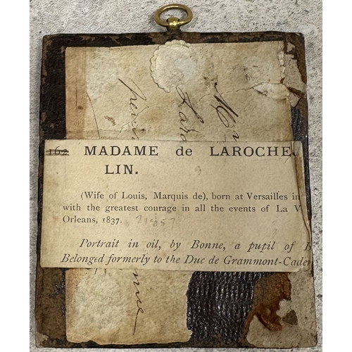406 - A framed and glazed miniature oil portrait depicting Madame de Laroche. Est. £50 - £80.
