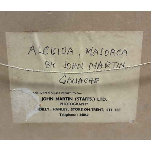 430 - JOHN MARTIN: A framed gouache entitled, 'Alcudia, Majorca'. Signed to bottom left and inscribed vers... 