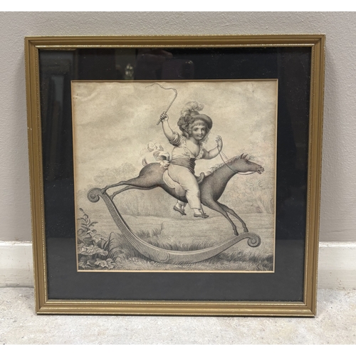 447 - Two gilt framed and glazed engravings depicting children playing. Approx. 22 cms x 22 cms. Est. £20 ... 