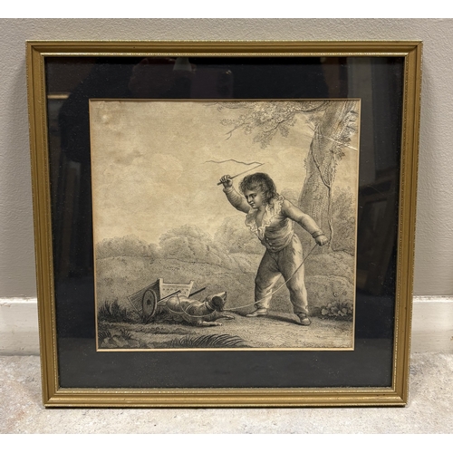 447 - Two gilt framed and glazed engravings depicting children playing. Approx. 22 cms x 22 cms. Est. £20 ... 