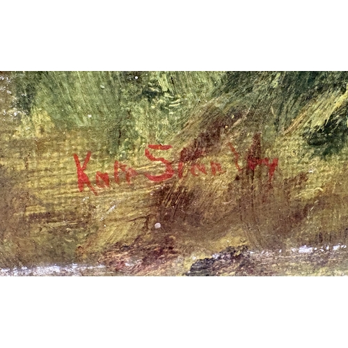 459 - Two oil paintings: one unframed depicting a landscape with buildings; the other framed with a villag... 