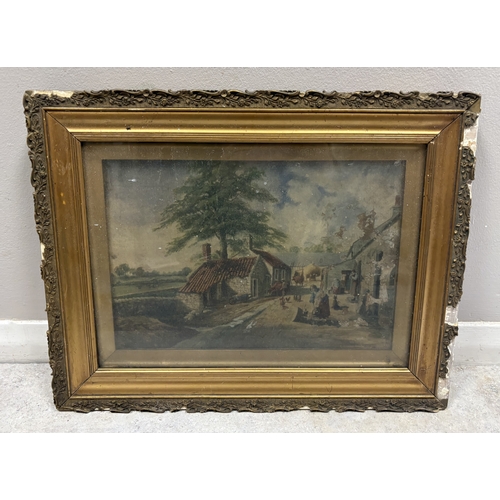 459 - Two oil paintings: one unframed depicting a landscape with buildings; the other framed with a villag... 