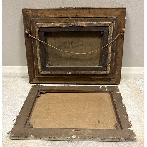 459 - Two oil paintings: one unframed depicting a landscape with buildings; the other framed with a villag... 