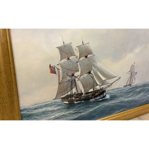480 - JENNY MORGAN: (British, b. 1942): A gilt framed and glazed acrylic on canvas depicting tall ships at... 