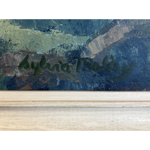 490 - SYLVIA CLARK MOLLOY: (British, 1914 - 2008): A framed oil on canvas depicting Baobab trees in blue a... 
