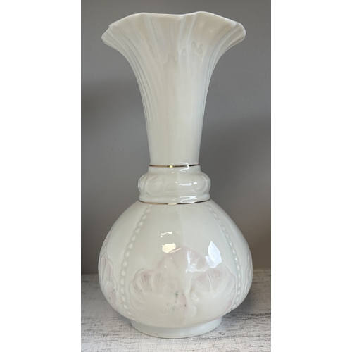 346 - BELLEEK: A bulbous shaped cream vase with fluted splayed neck and pink floral decoration. Est. £20 -... 